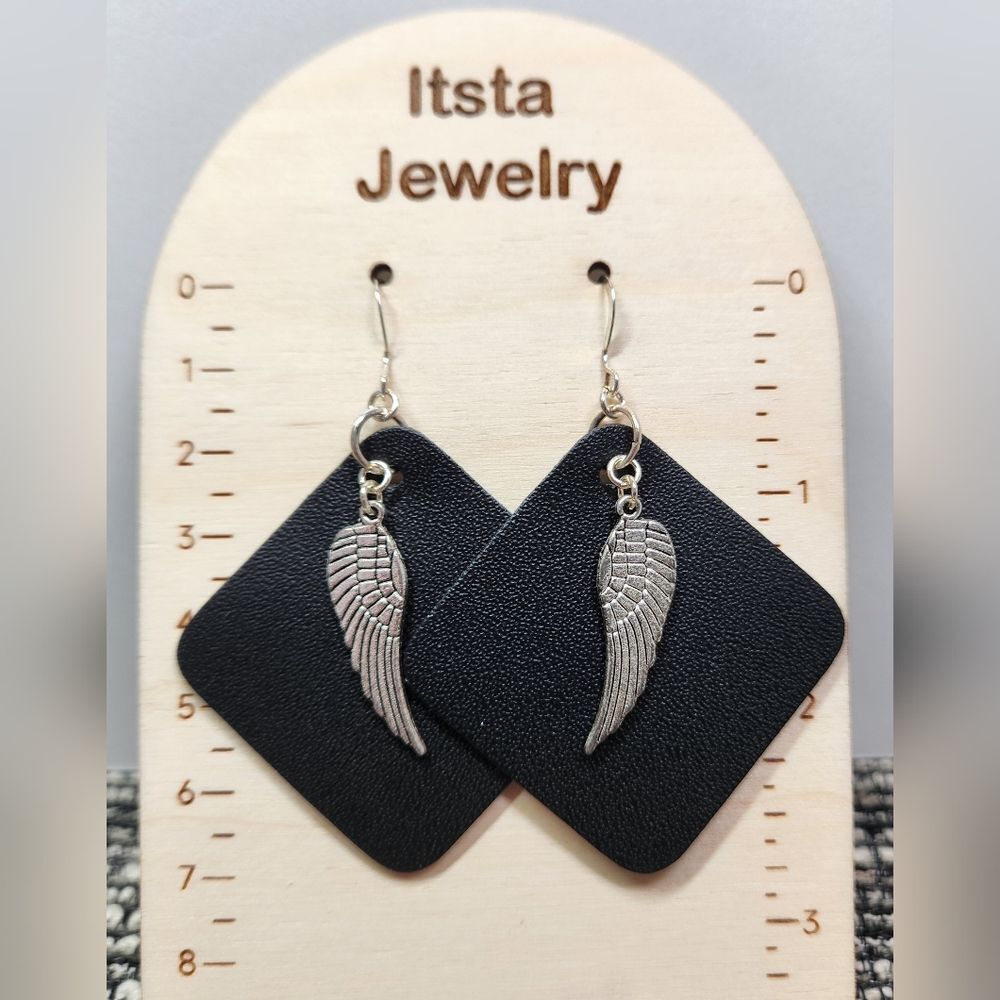 Handmade leather earrings w angel wings sterlingsilver earwires genuine …